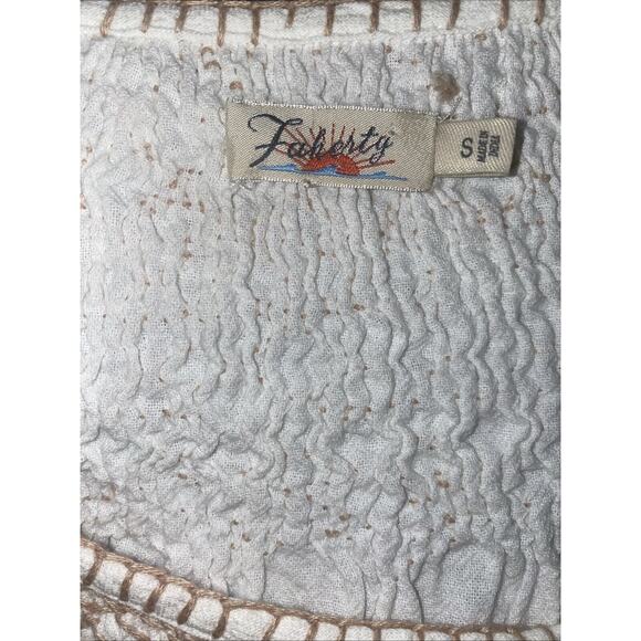 Faherty Small White Tan Peasant Boho 100% Organic Cotton Laura Embroidered Shirt - Picture 6 of 7